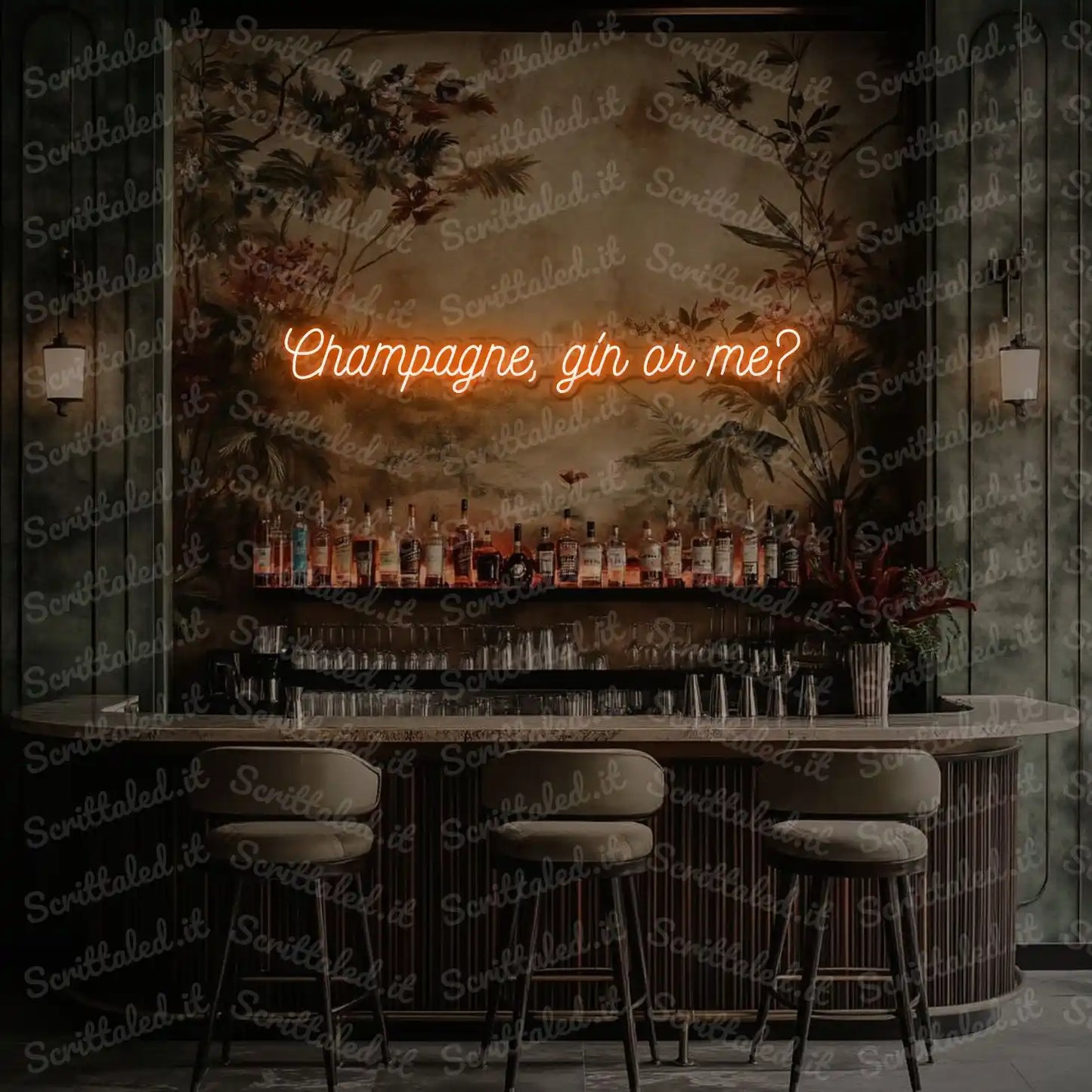 scritta led champagne gin or me colore arancione