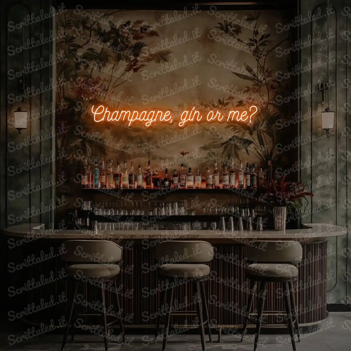 scritta led champagne gin or me colore arancione