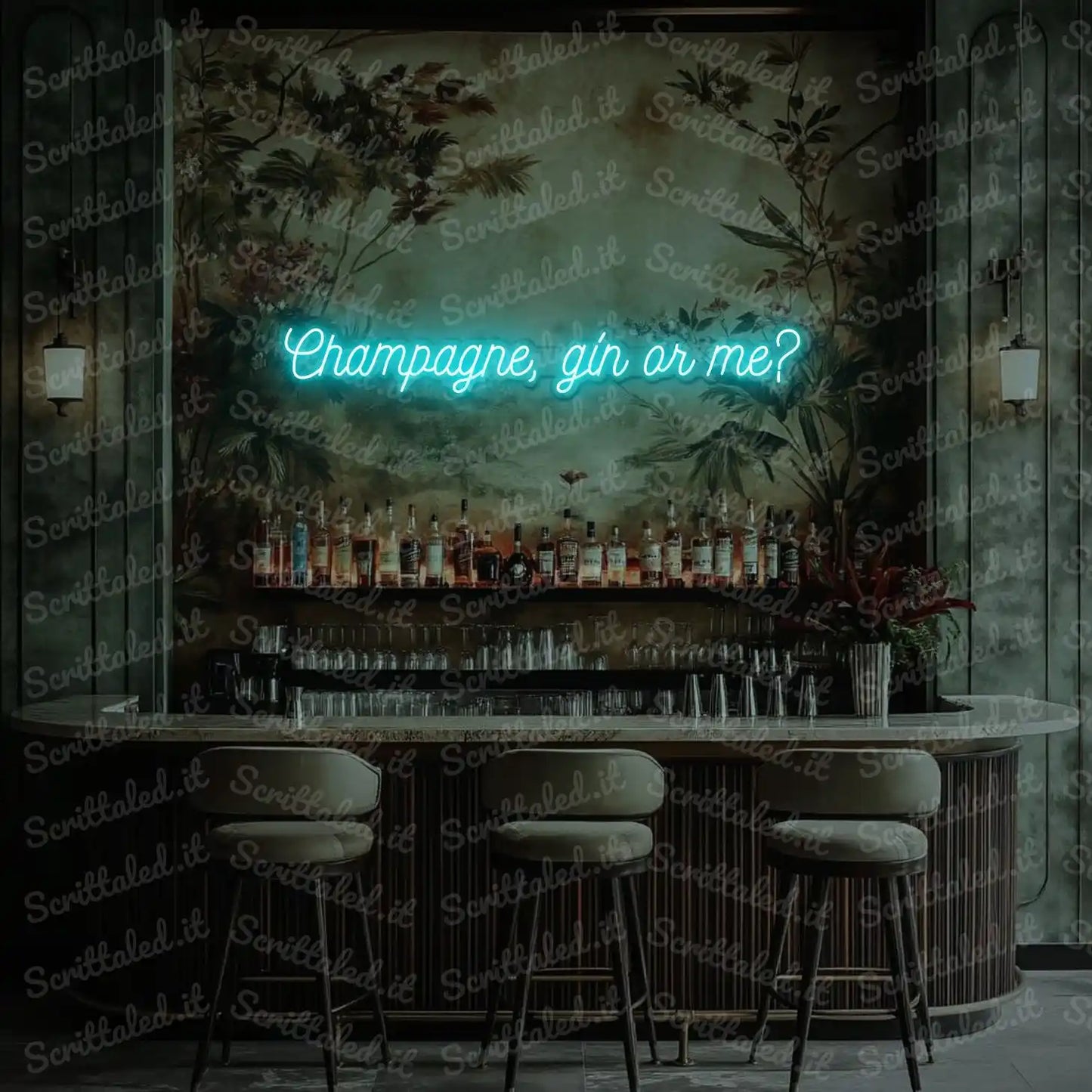 scritta led champagne gin or me colore azzurro
