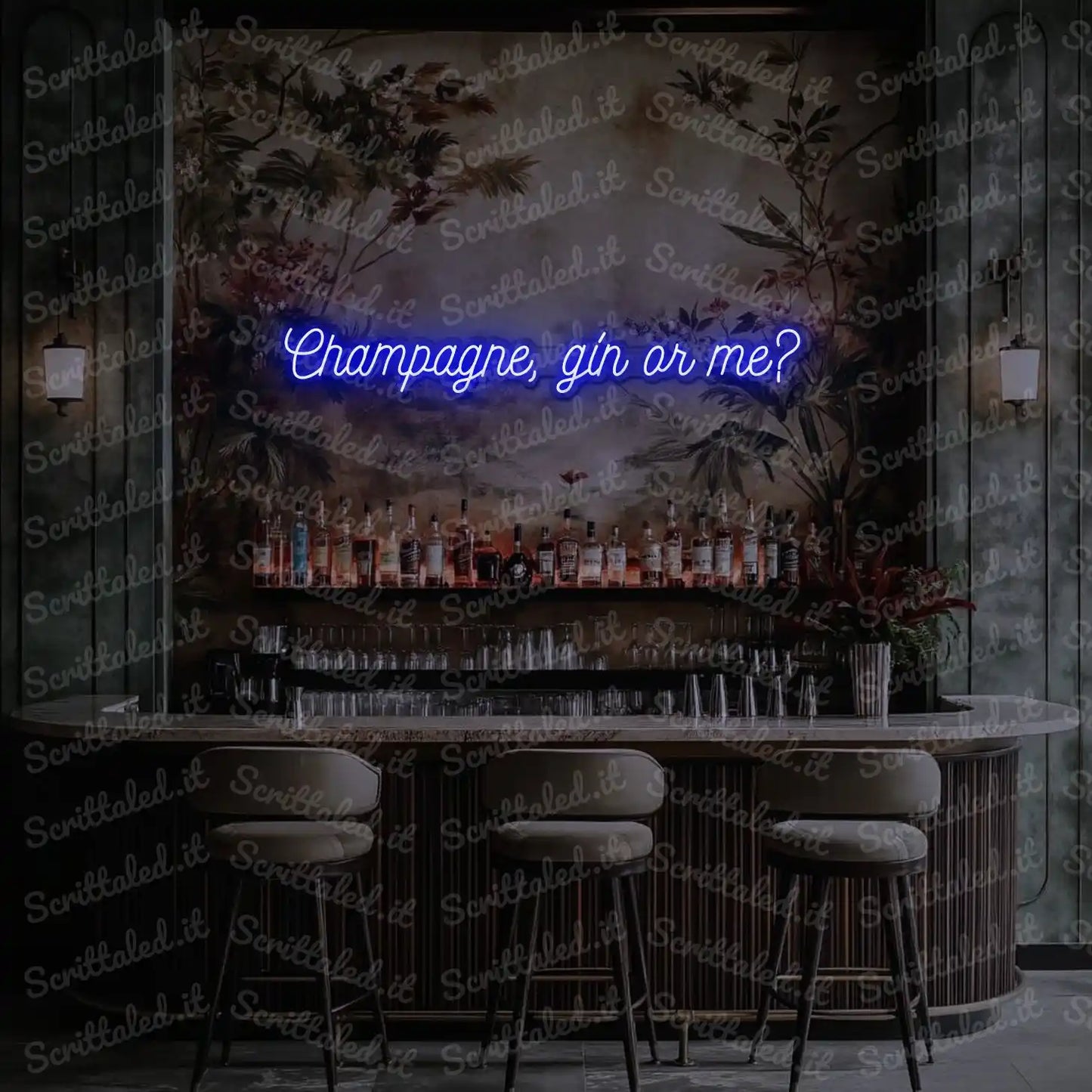 scritta led champagne gin or me colore blu