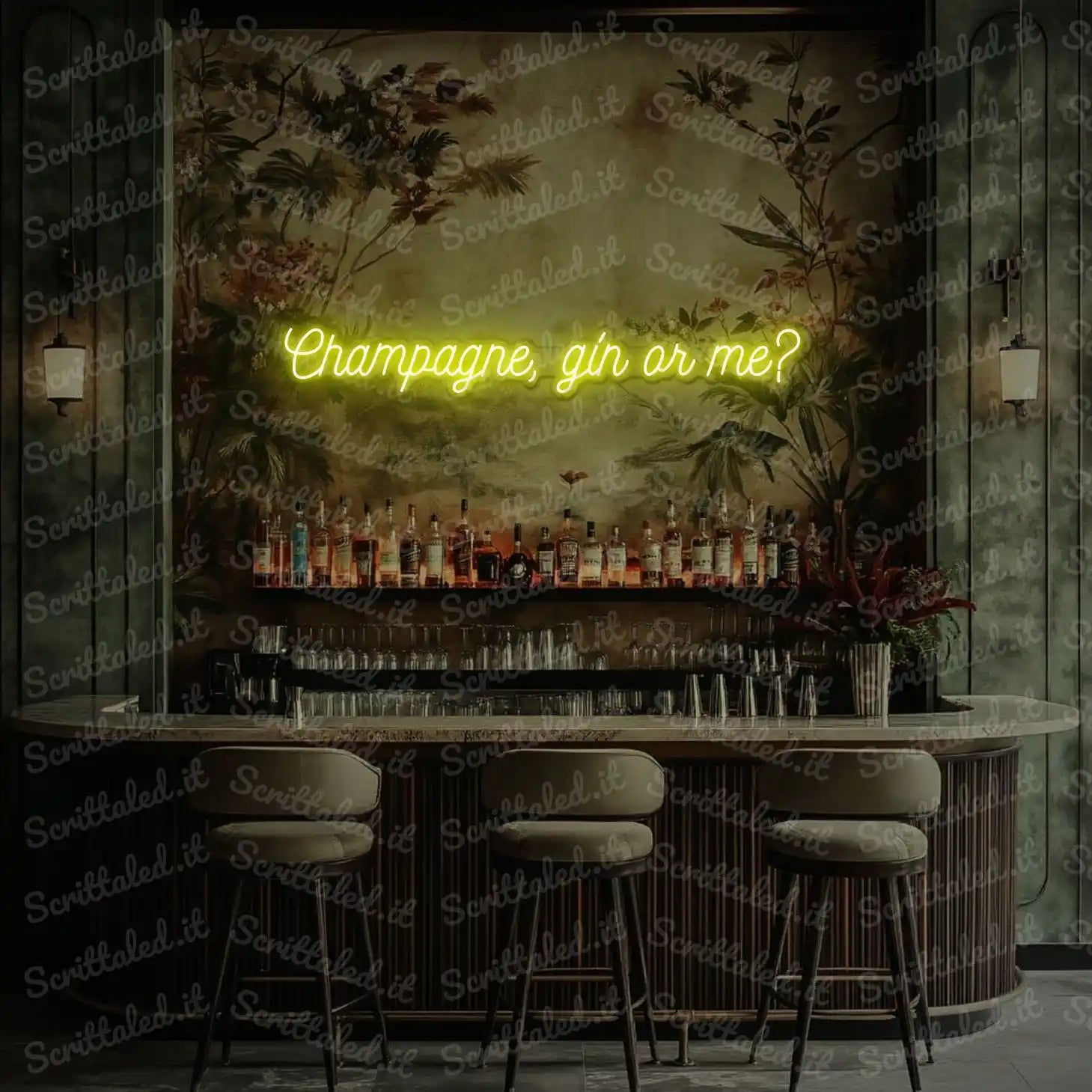 scritta led champagne gin or me colore giallo