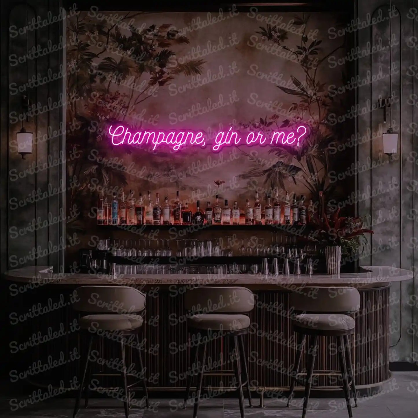 scritta led champagne gin or me colore rosa