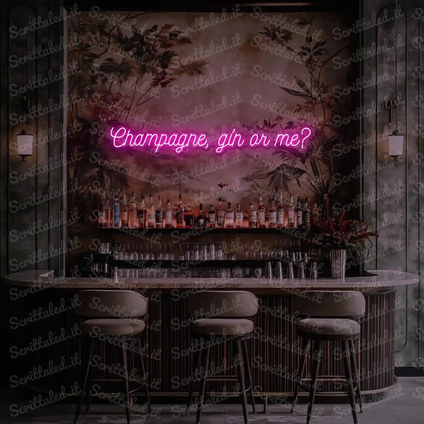 scritta led champagne gin or me colore rosa