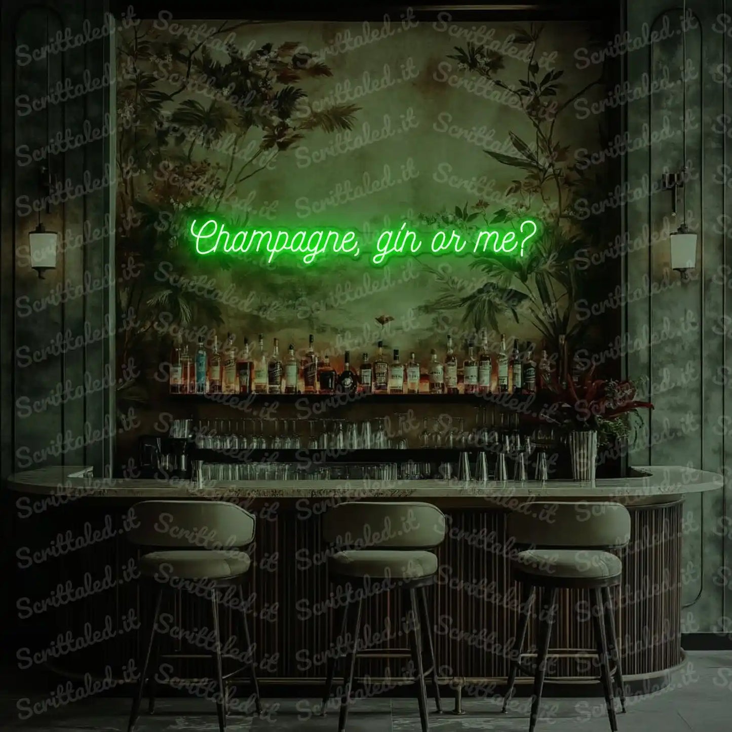 scritta led champagne gin or me colore verde