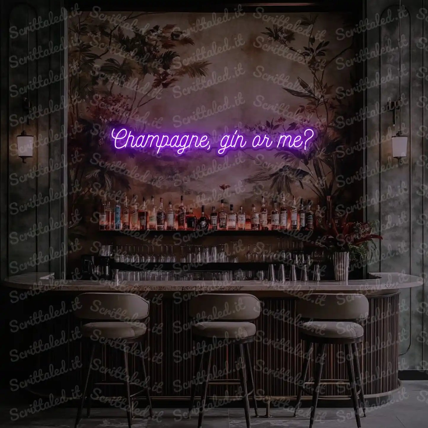 scritta led champagne gin or me colore viola